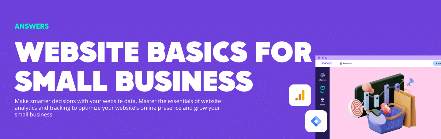 Website basics for small business. Illustration with Google Analytics and Google Tag Manager icons.